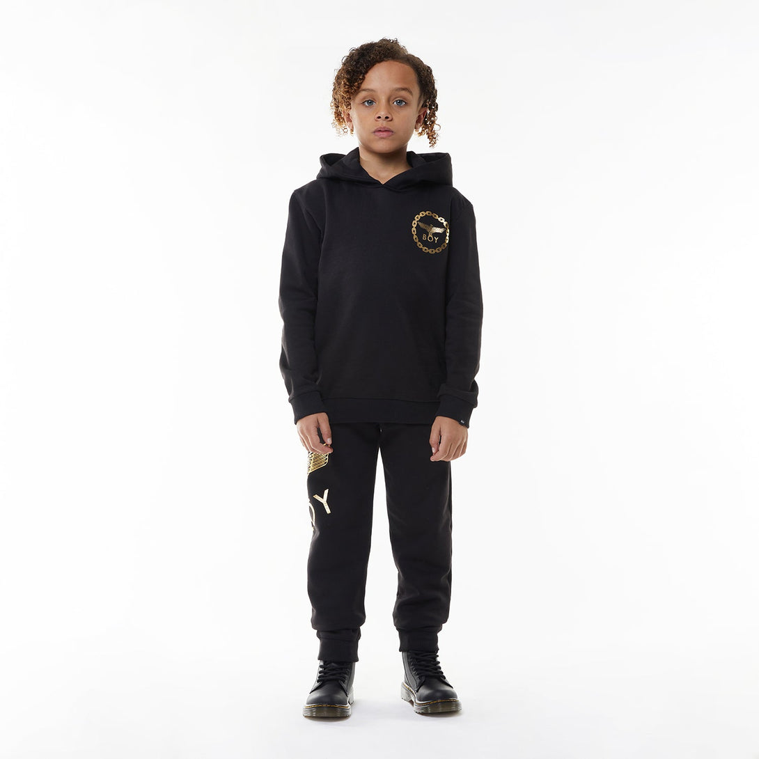 BOY EAGLE BACKPRINT KIDS HOODIE - BLACK/GOLD