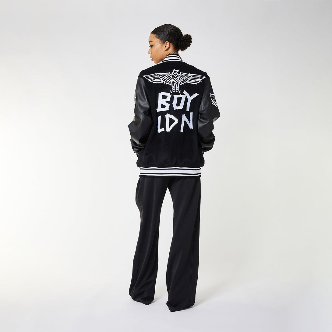 BOY TAPE EAGLE SHORT VARSITY BOMBER JACKET WOMENS - BLACK