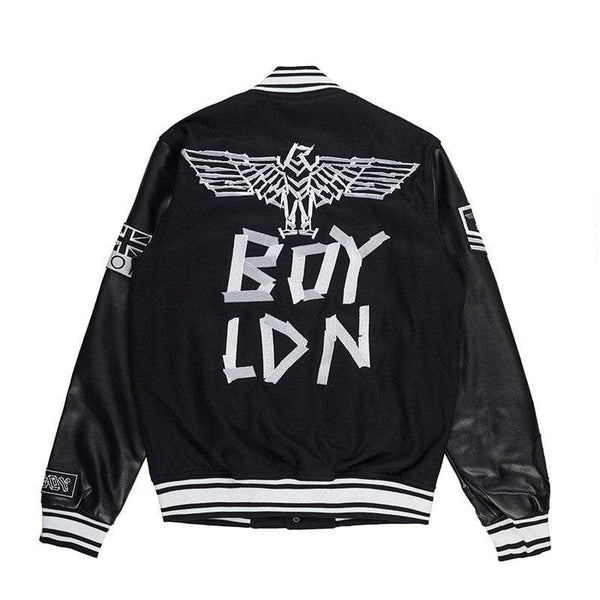 BOY TAPE EAGLE SHORT VARSITY BOMBER JACKET WOMENS - BLACK