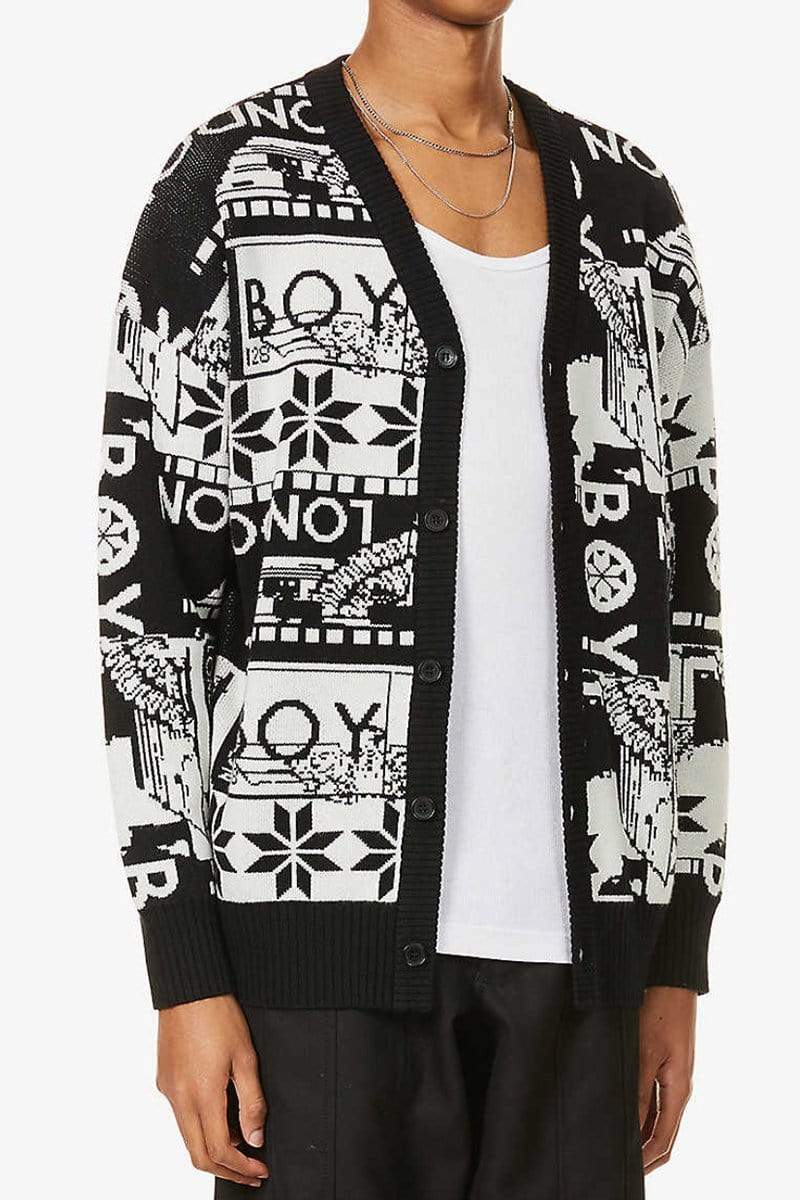 MOSAIC PRINT KNITTED CARDIGAN - BLACK