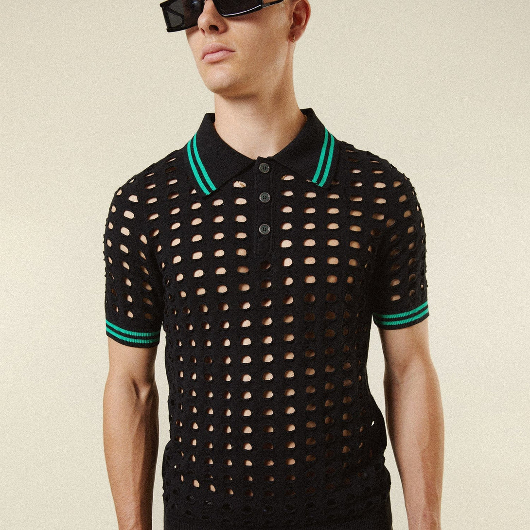 OPEN MESH KNITTED POLO T-SHIRT - BLACK