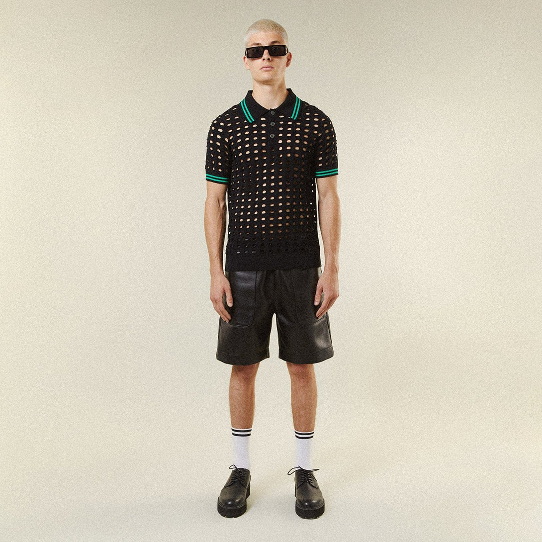 OPEN MESH KNITTED POLO T-SHIRT - BLACK