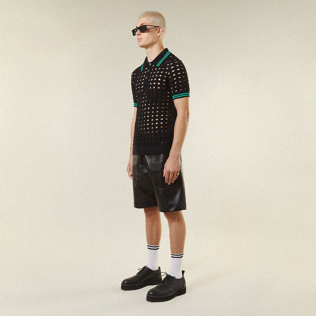 OPEN MESH KNITTED POLO T-SHIRT - BLACK