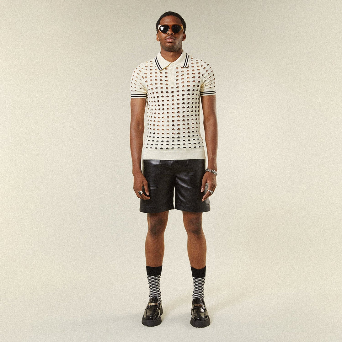 OPEN MESH KNITTED POLO T-SHIRT - ECRU