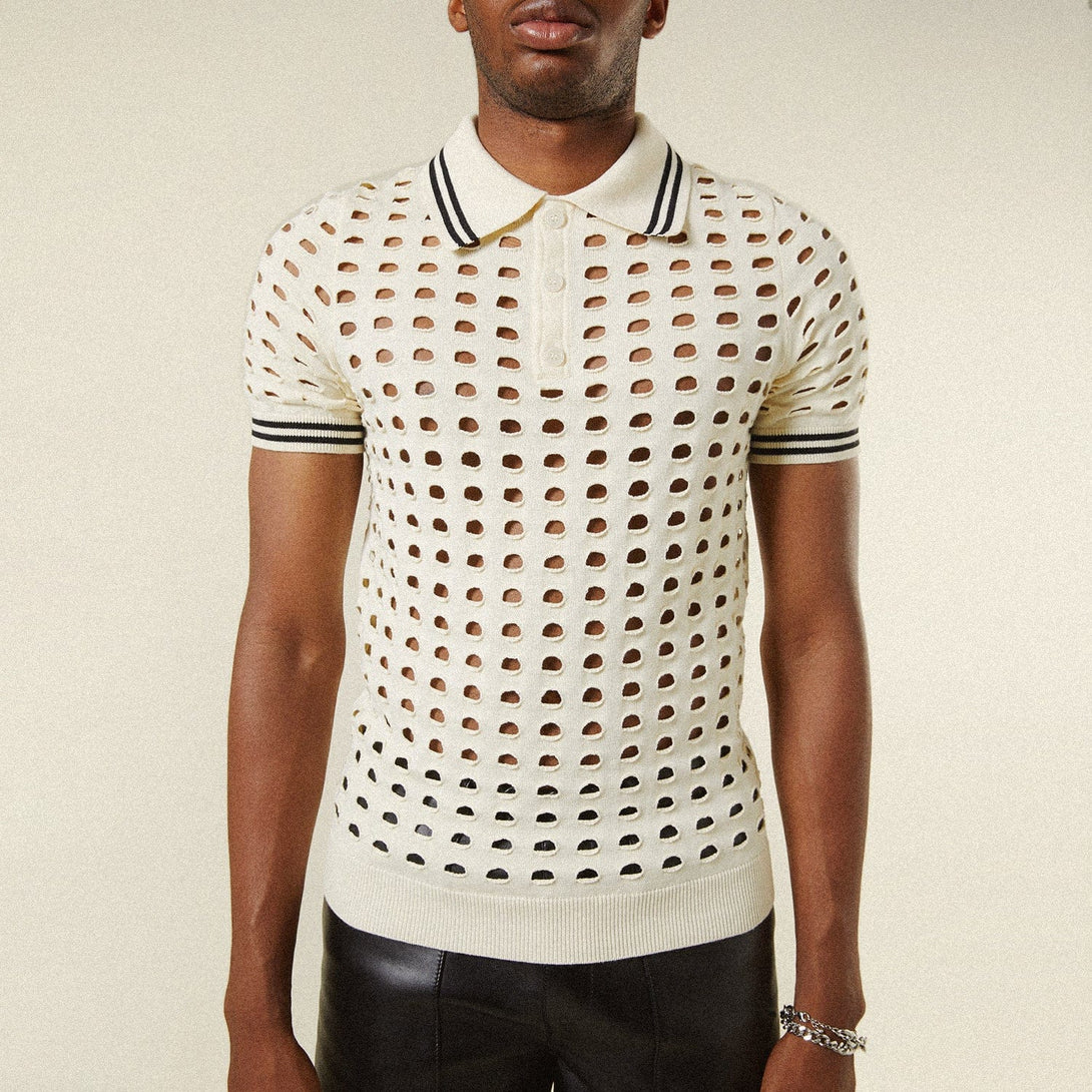 OPEN MESH KNITTED POLO T-SHIRT - ECRU