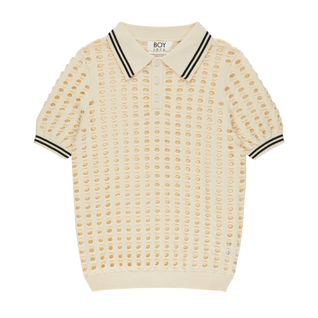 OPEN MESH KNITTED POLO T-SHIRT - ECRU