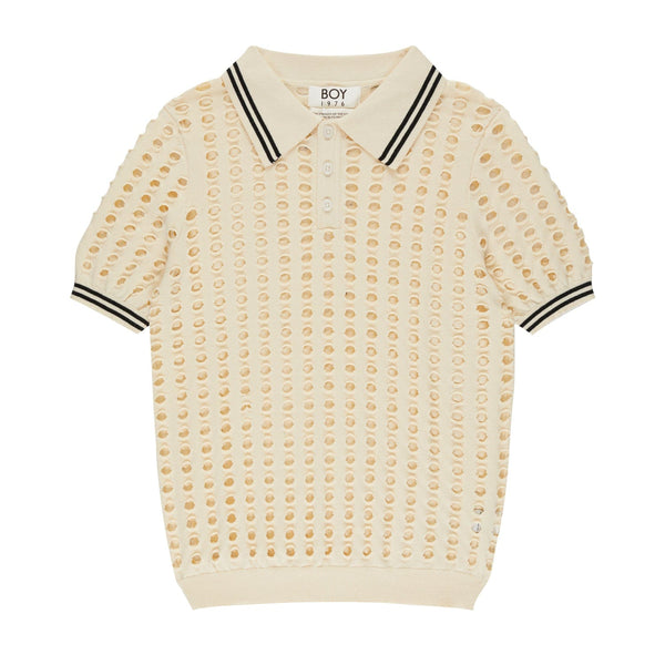 OPEN MESH KNITTED POLO T-SHIRT - ECRU