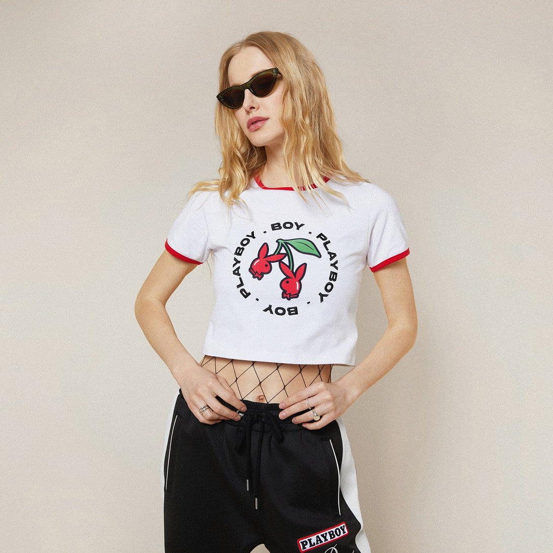 PLAYBOY X BOY DOUBLE CHERRY RINGER T-SHIRT - WHITE