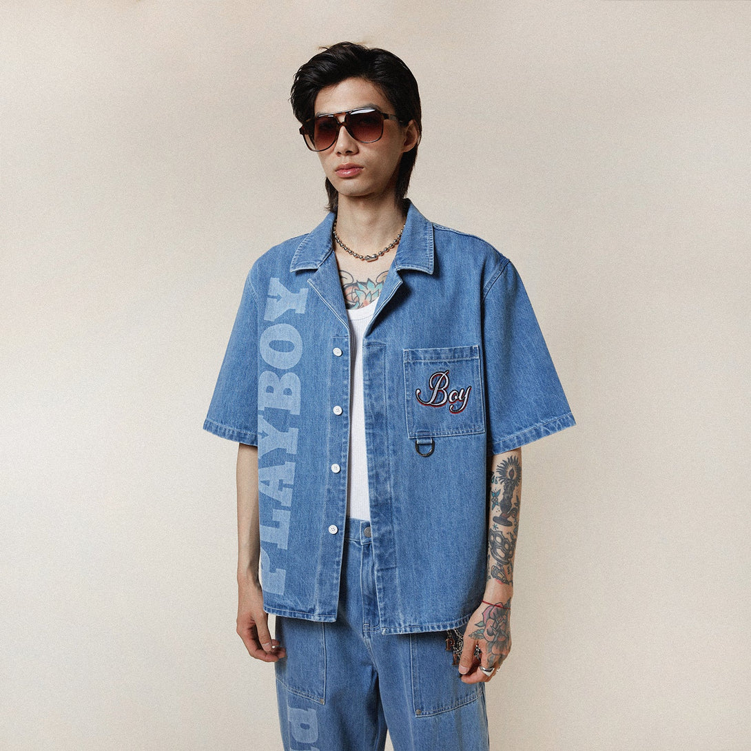 PLAYBOY X BOY JUMBO BUNNY DENIM SHIRT - MID LIGHT WASH