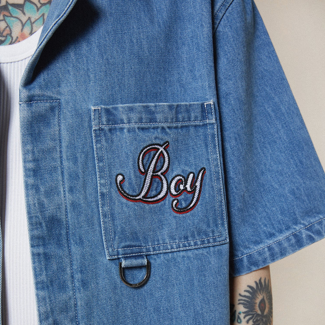 PLAYBOY X BOY JUMBO BUNNY DENIM SHIRT - MID LIGHT WASH