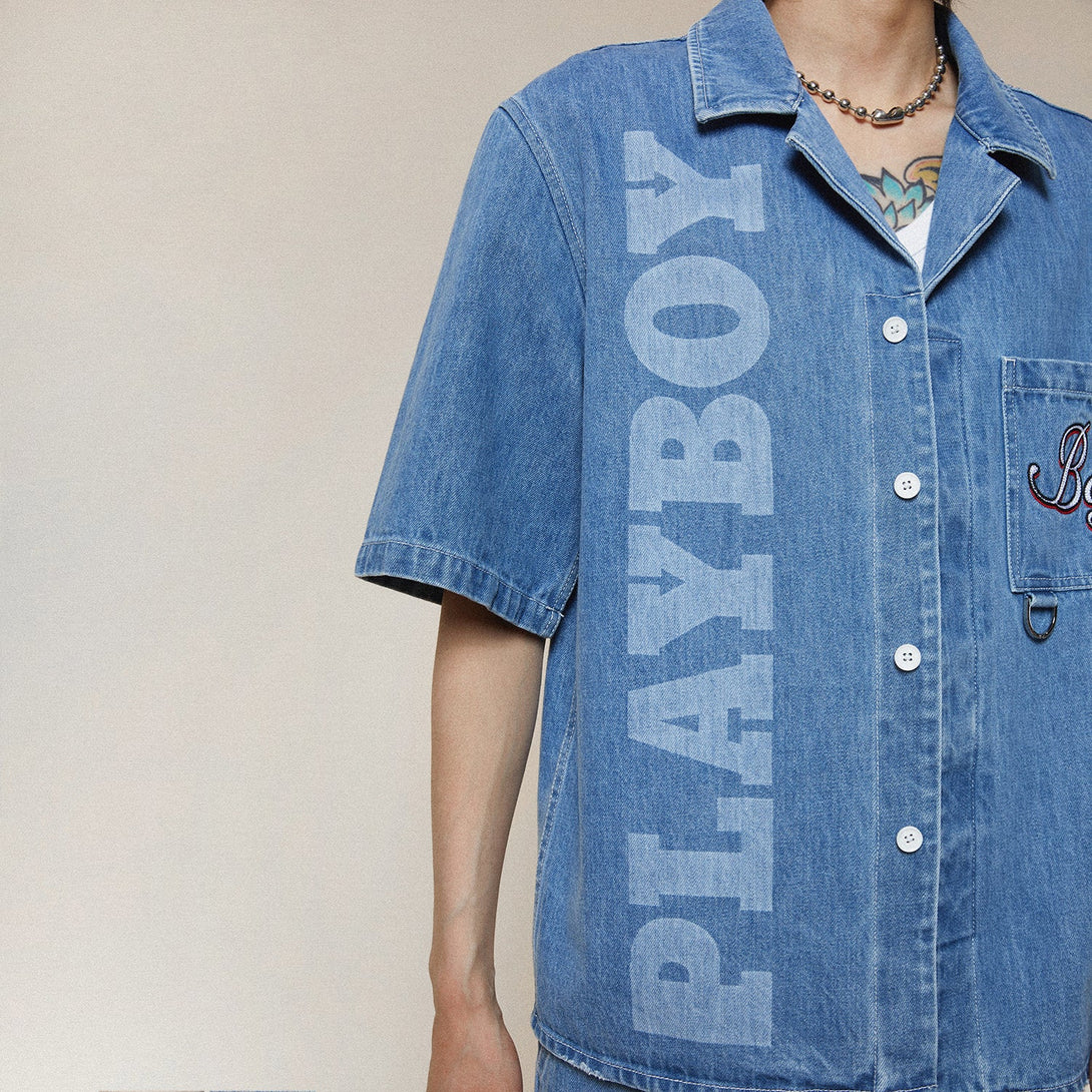 PLAYBOY X BOY JUMBO BUNNY DENIM SHIRT - MID LIGHT WASH