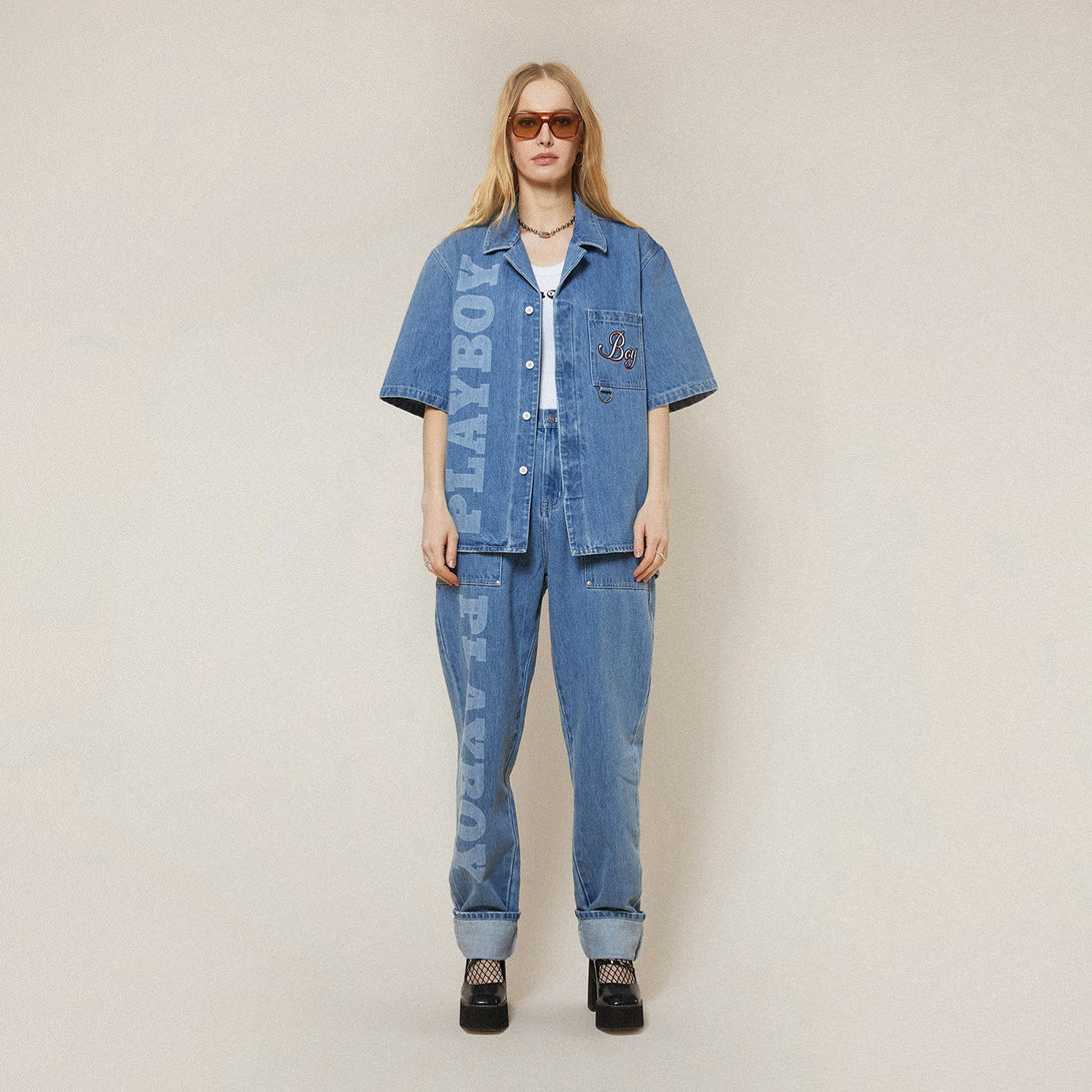 PLAYBOY X BOY JUMBO BUNNY DENIM SHIRT - MID LIGHT WASH