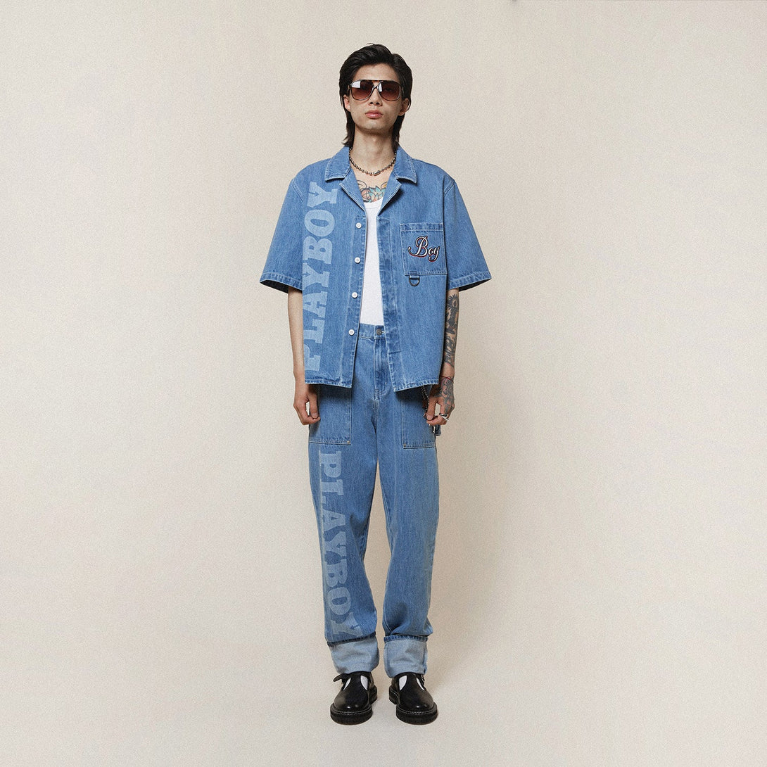 PLAYBOY X BOY JUMBO BUNNY DENIM SHIRT - MID LIGHT WASH